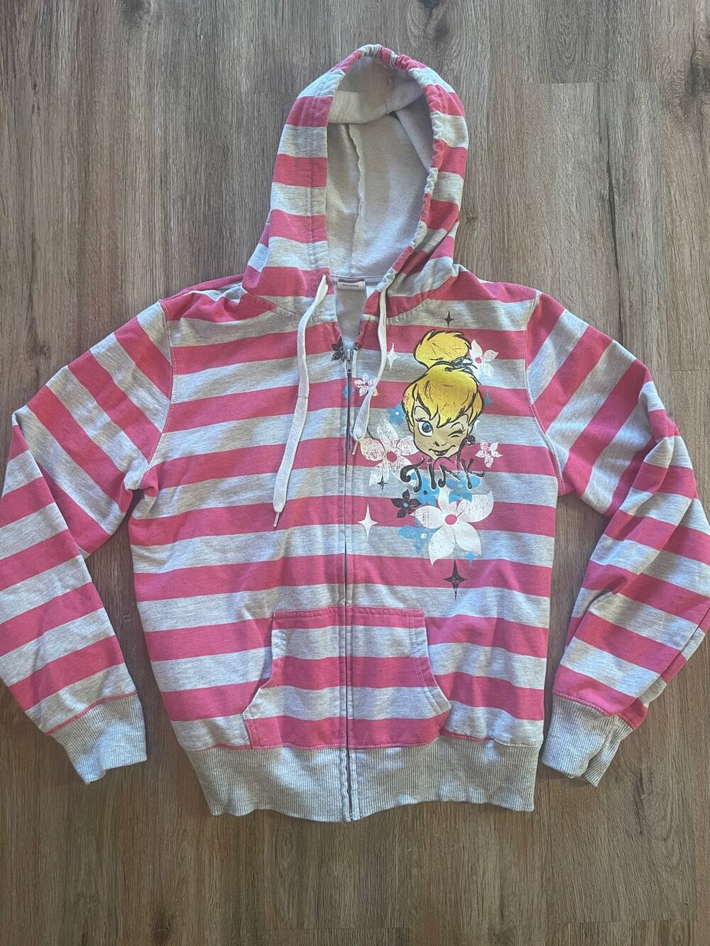 Tinker Bell Pink Gray Striped Zip Up Jacket Kids Size XL
